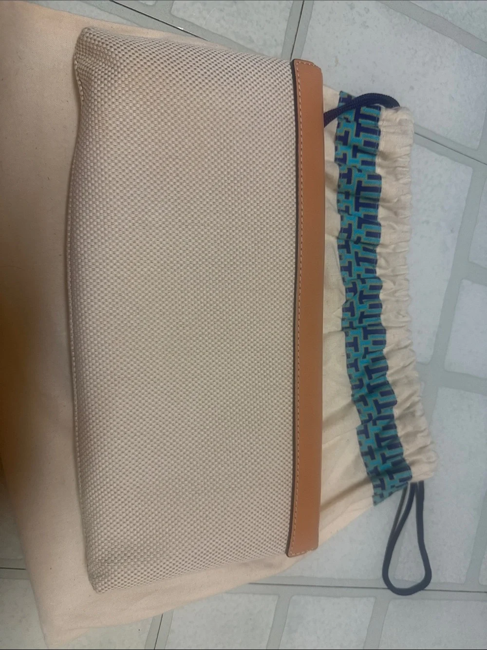 Tory Burch Beige Canvas Clutch with Tan Leather Trim and Logo (Miller Clutch)